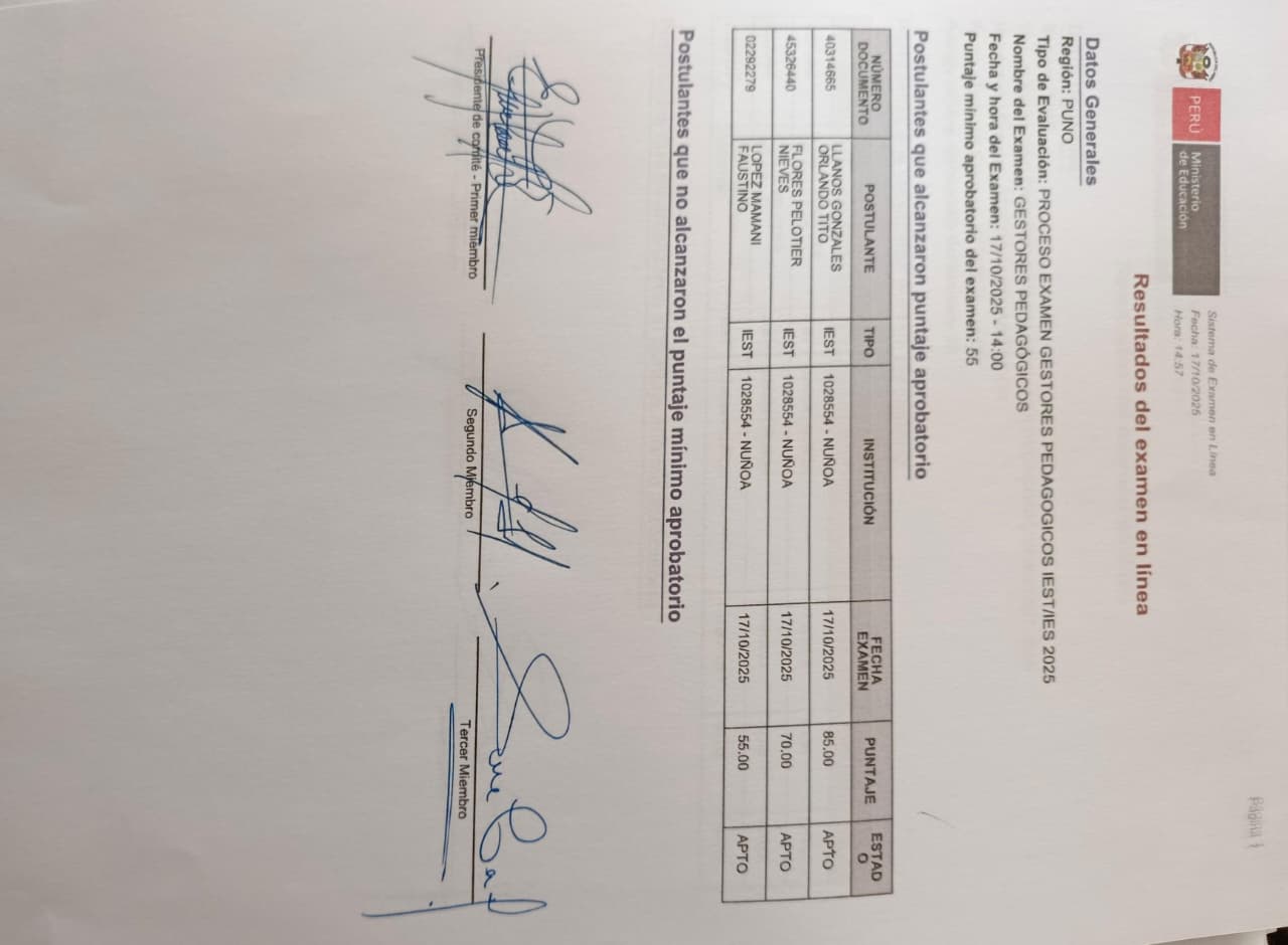 RESULDADOS DEL EXAMEN EN LINEA GESTORES PEDAGOGICOS IEST